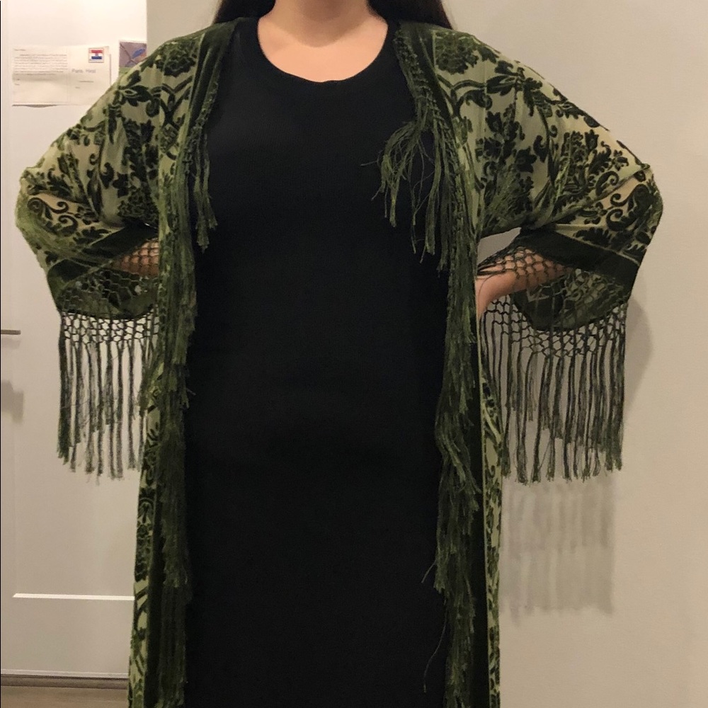 Green Fringe Velvet Kimono
